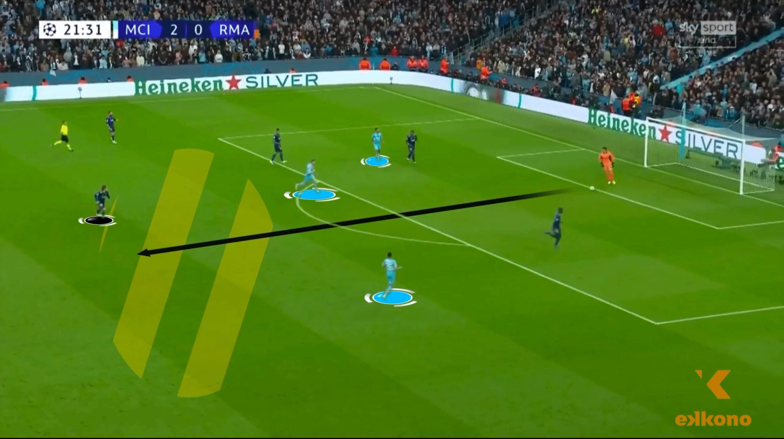 96a Courtois plays with calm. He is looking inside and finding spaces next to Modric. It is on him that Courtois gives the pass.
