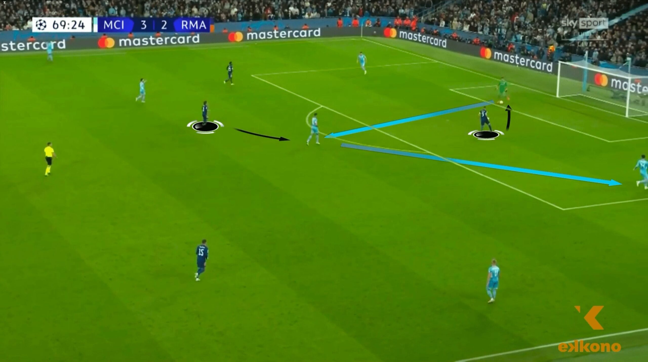 96b Ederson plays towards Rodrigo's right foot, so it is easier for him to pass to Laporte on the first touch.
