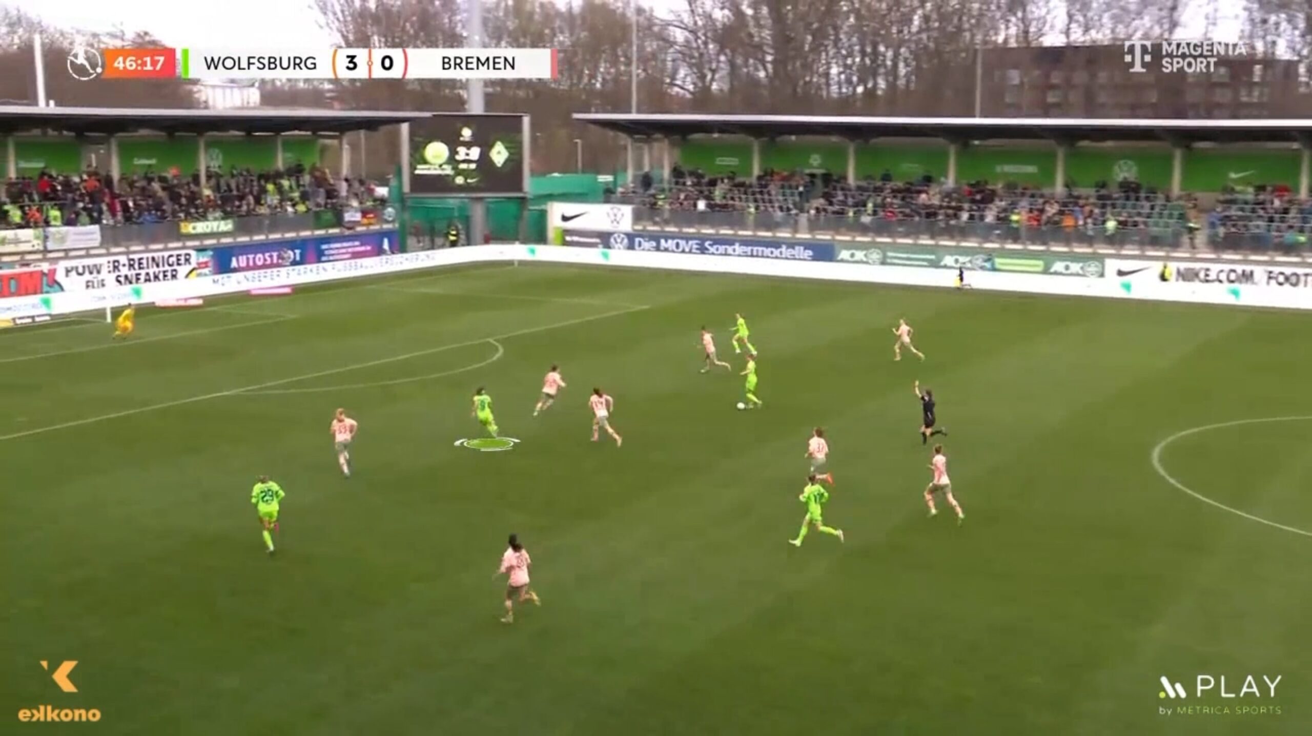 Defenders are defending backwards, following Pajor's movement. Her sudden change of direction helps create the necessary space.